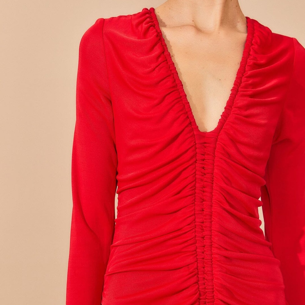 FARM Rio Red Long Sleeve Ruched Midi Dress - Picture 4 of 12